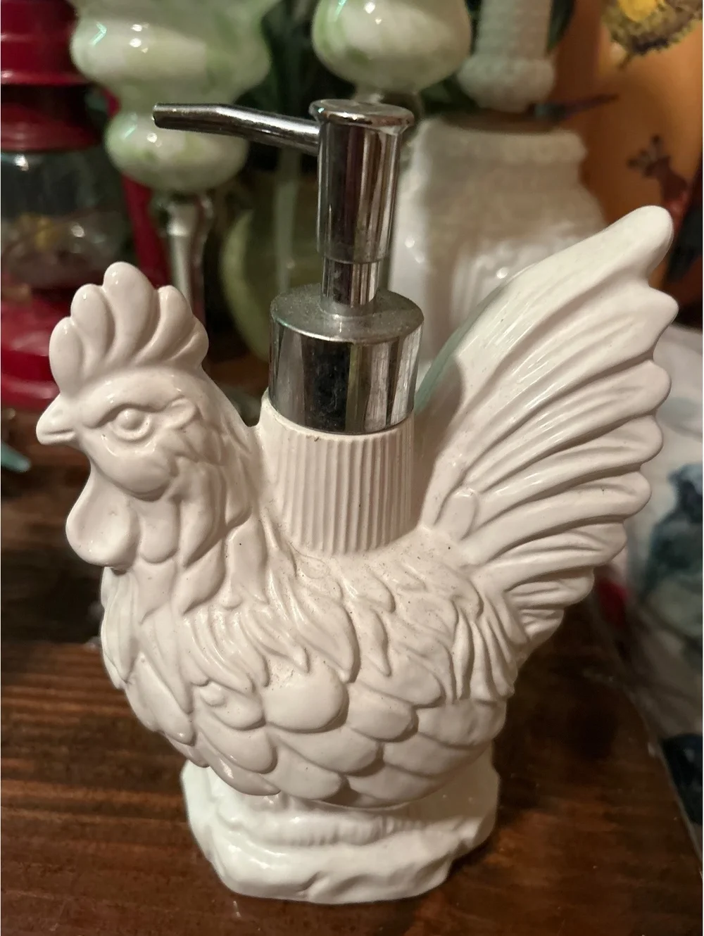 White Ceramic Rooster Soap Dispenser with Silver Pump